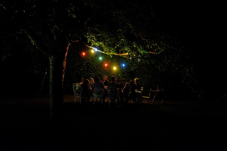people on bistro set under tree with string lights, night, group of people HD wallpaper