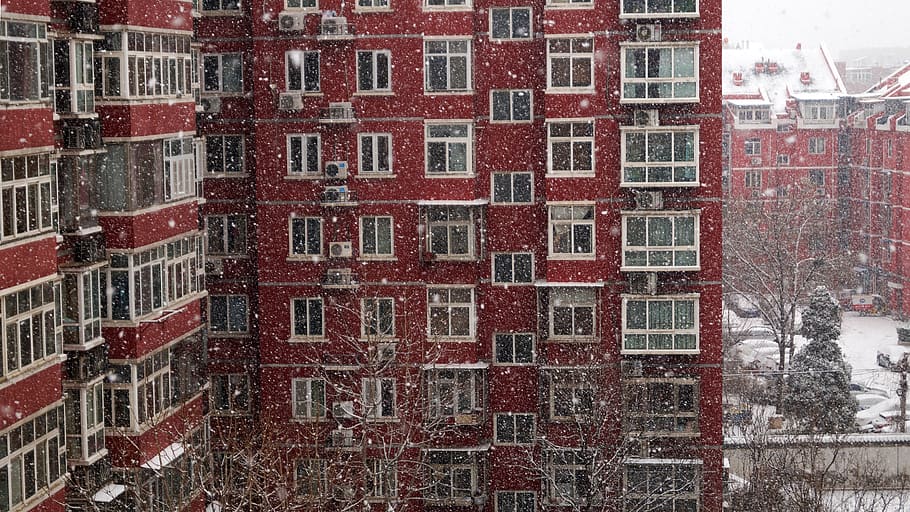 red concrete building, brick, wall, rug, window, tile, home decor HD wallpaper