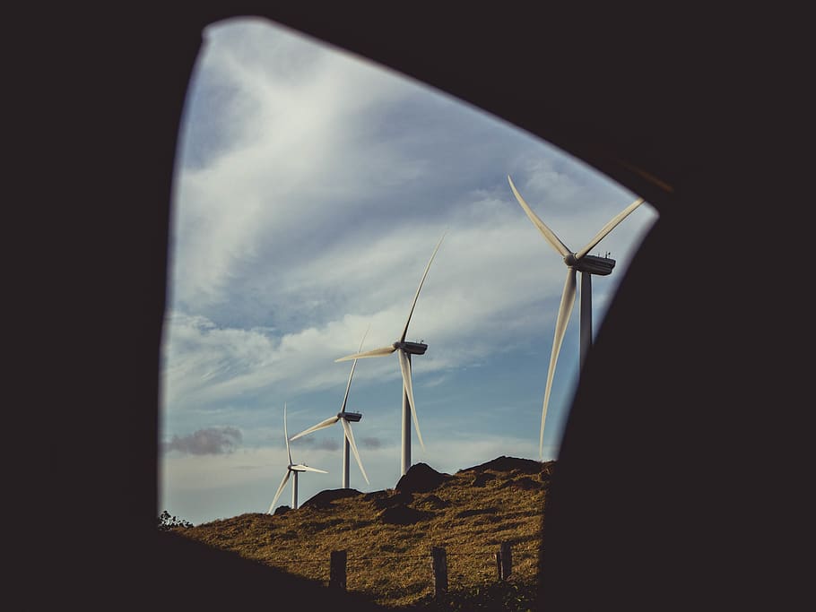 four gray windmills during daytime, wind turbine, alternative energy HD wallpaper