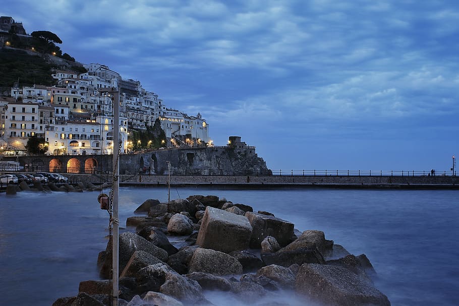 gray dock, promontory, italy, water, building, architecture, amalfi HD wallpaper