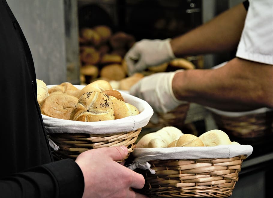 bread, pastry, bake, shop, basket, hand, gloves, baker, store HD wallpaper