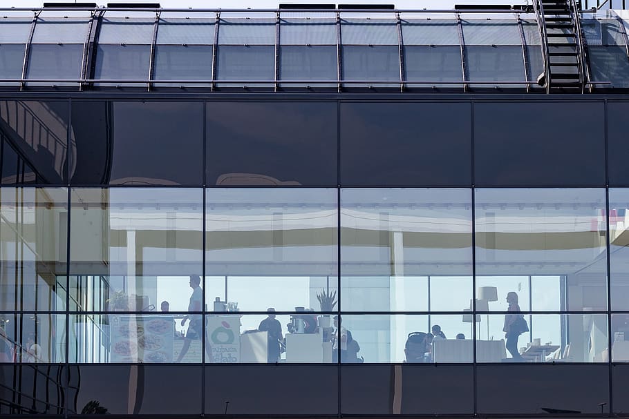 glass, catering, architecture, building, urban, passage, human HD wallpaper
