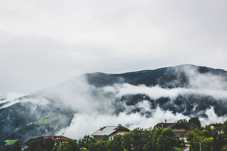 nature, landscape, clouds, sky, fog, house, trees, mountain HD wallpaper