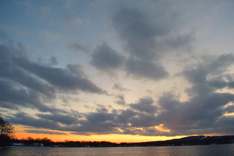 sunset, lake, cold, nature, landscape, clouds, water wintry HD wallpaper