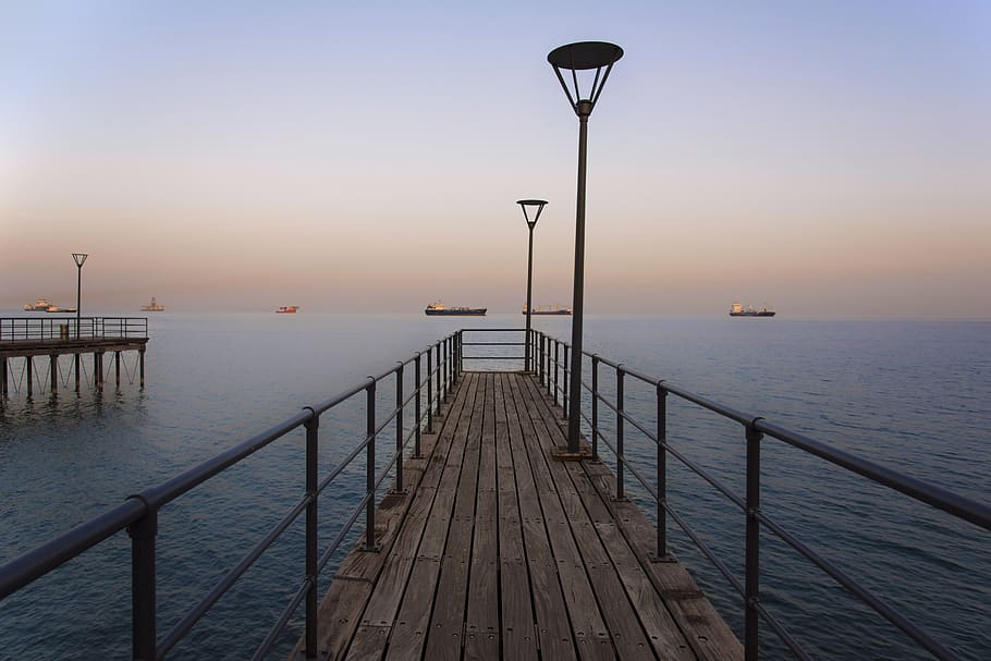 cyprus, limassol, sea, pier, sunset, water, sky, street light, HD wallpaper
