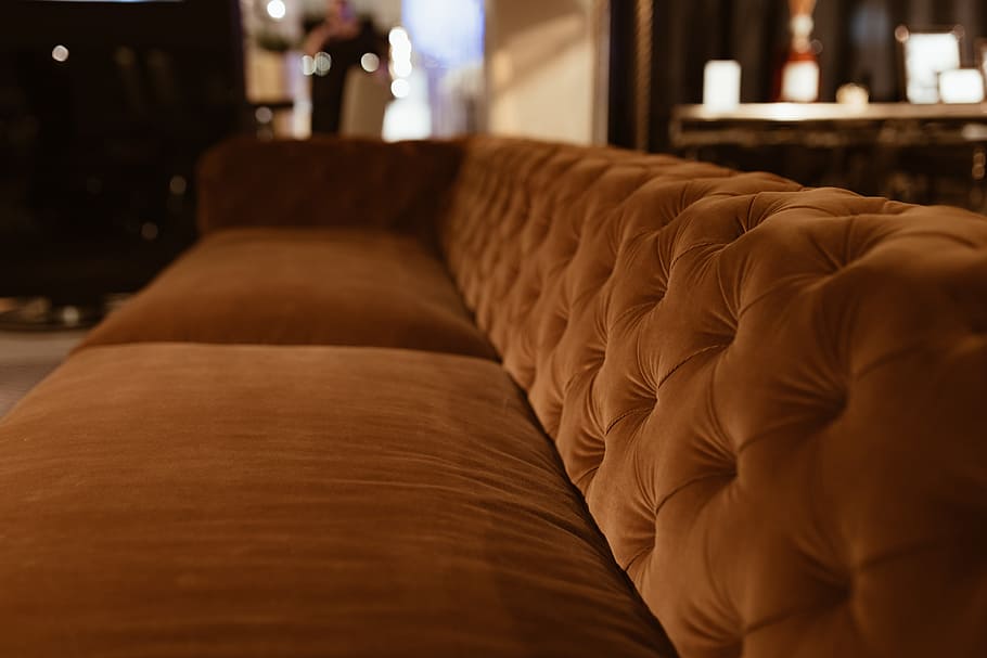 Orange velvet couch, sofa, furniture, home, modern, luxury, cushions