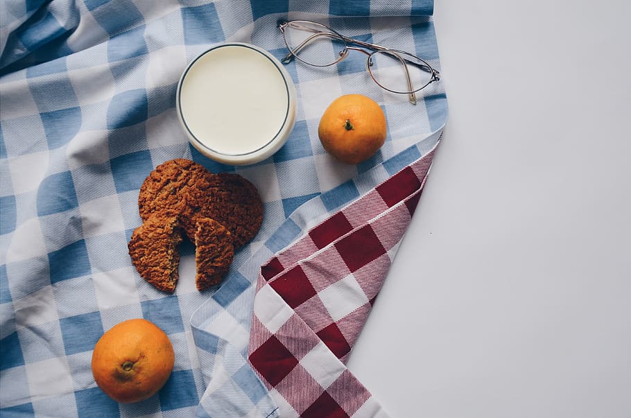 Two Oranges, Two Cookies and a Cup of Milk on Table, cream, delicious HD wallpaper