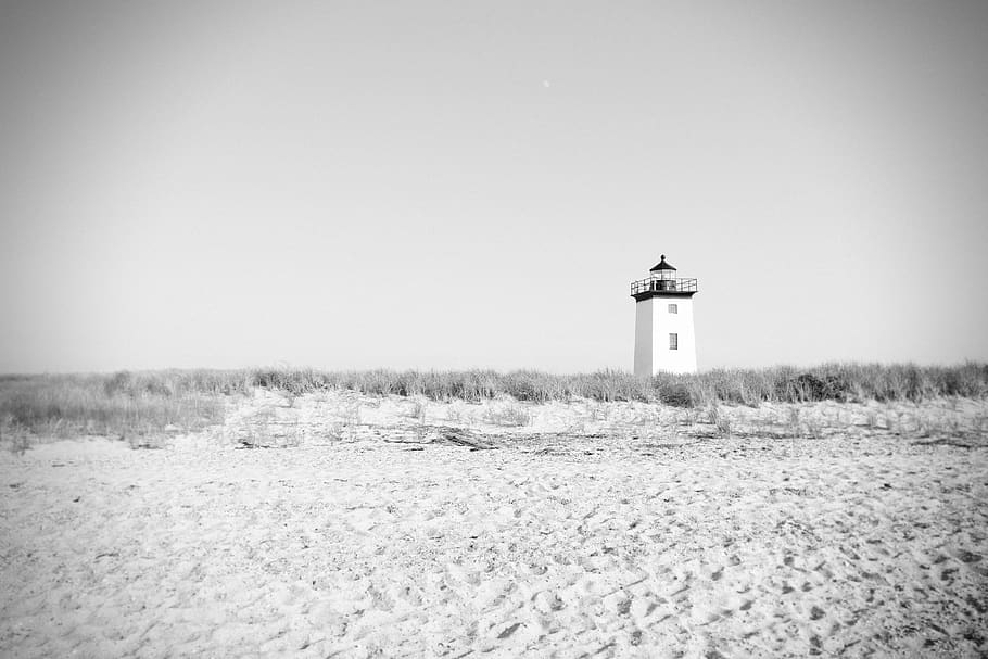 lighthouse, beach, sand, bushes, black and white, guidance HD wallpaper