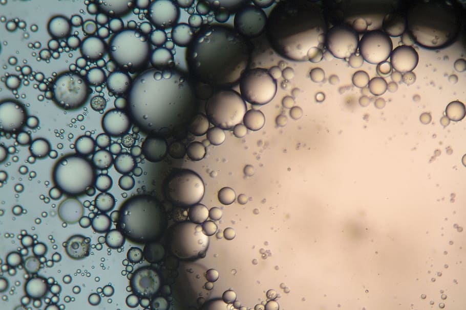 Mixture of soap and oil viewed under the microscope., water, chemistry