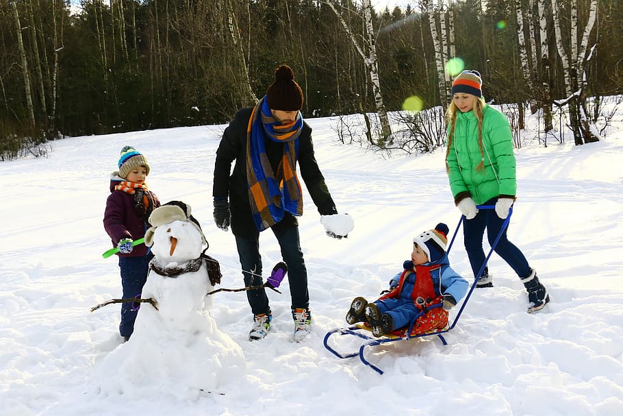 Four Persons Playing on Snow, bonnet, children, cold, enjoyment