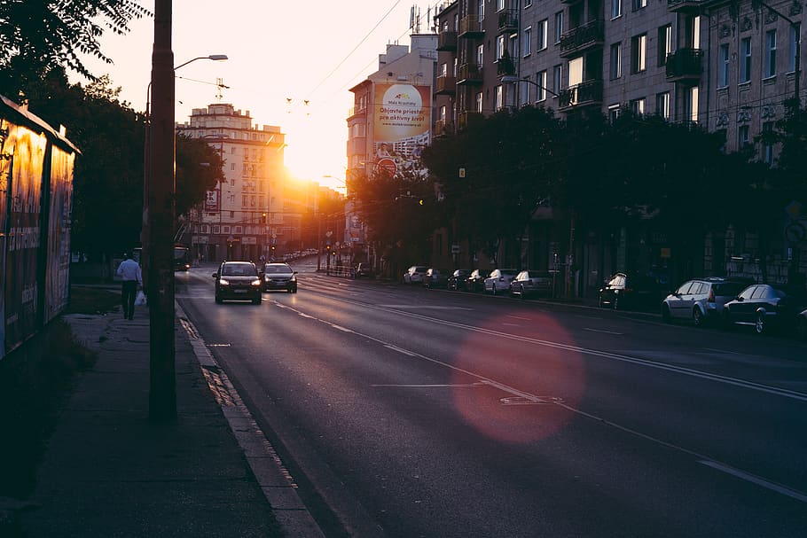 View of Sunset on Road, architecture, auto, automobiles, blur HD wallpaper