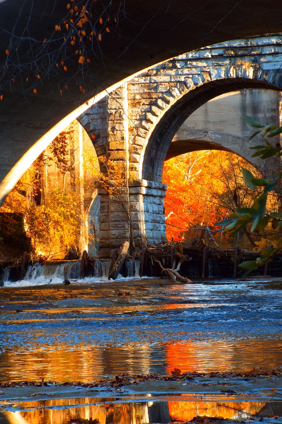 bridge, water, river, sunset, evening, landscape, train trestle HD wallpaper