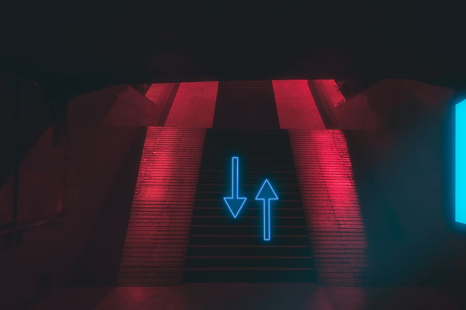 stairs, communication, illuminated, sign, arrow symbol, no people HD wallpaper