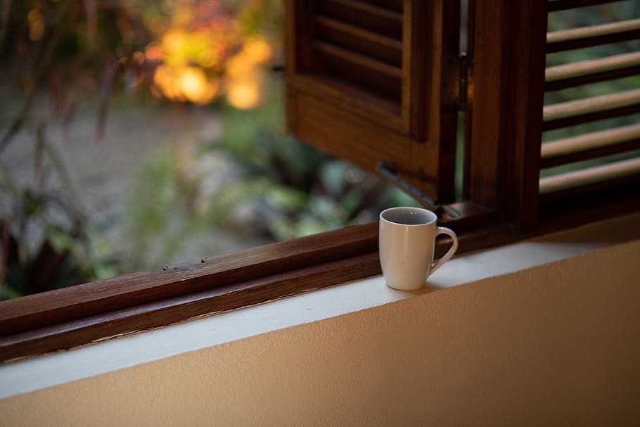 white ceramic mug on white and brown window, coffee cup, wood, HD wallpaper