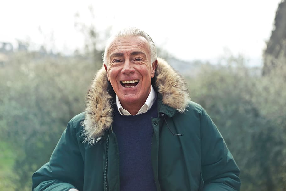 Middle Aged Man Laughing And Posing In Green Faux Fur Hooded Jacket HD wallpaper