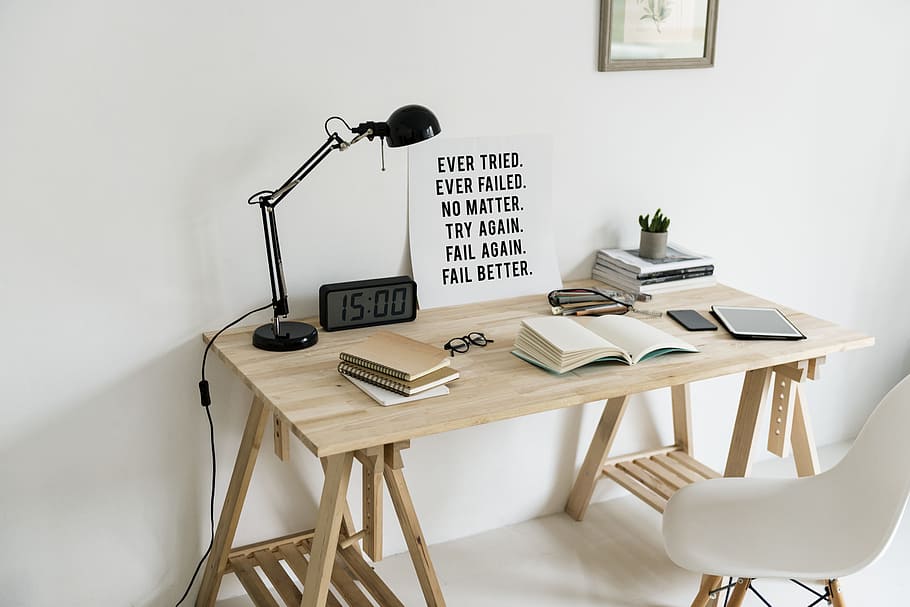 workspace, wooden table, lamp, book, design space, copy space, HD wallpaper