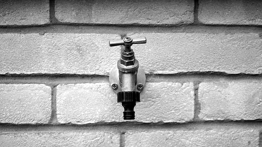 Grayscale of Metal Faucet on Wall Brick, brick wall, bricks, texture HD wallpaper