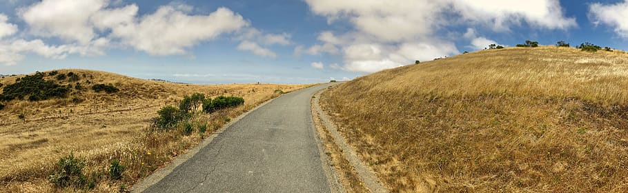 park, grass, sky, clouds, blue, horizon, path, road, yellow HD wallpaper