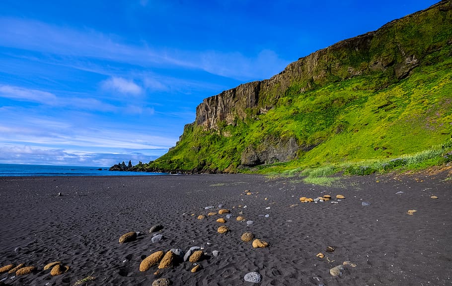 Shore Near Mountain, beach, blue, cliff, daylight, landscape HD wallpaper
