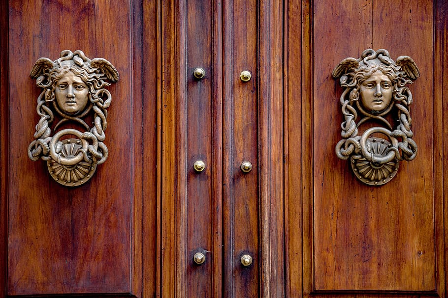 door, gate, wood, knocker, gorgon, metal, ancient, old, entrance HD wallpaper