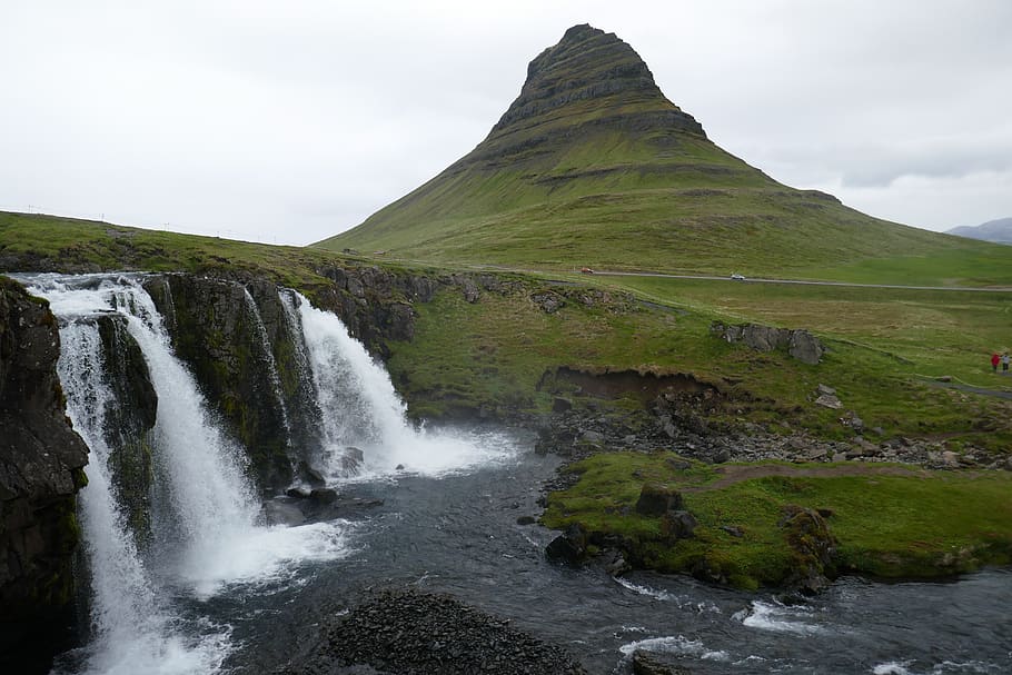 waterfalls under white sky, iceland, kirkjufell, nature, mountain HD wallpaper