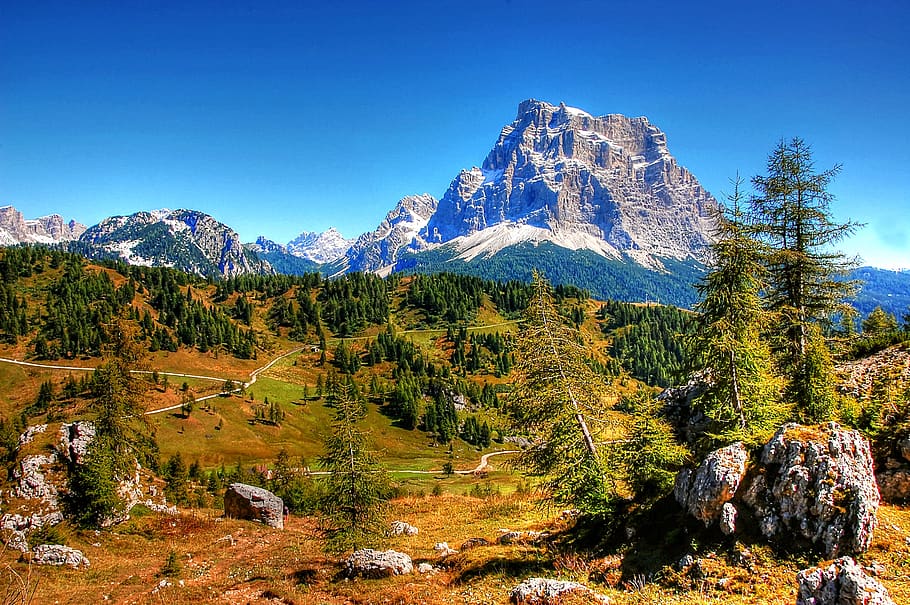 monte pelmo, dolomites, alpine, italy, rock, blue, nature, summer, HD wallpaper
