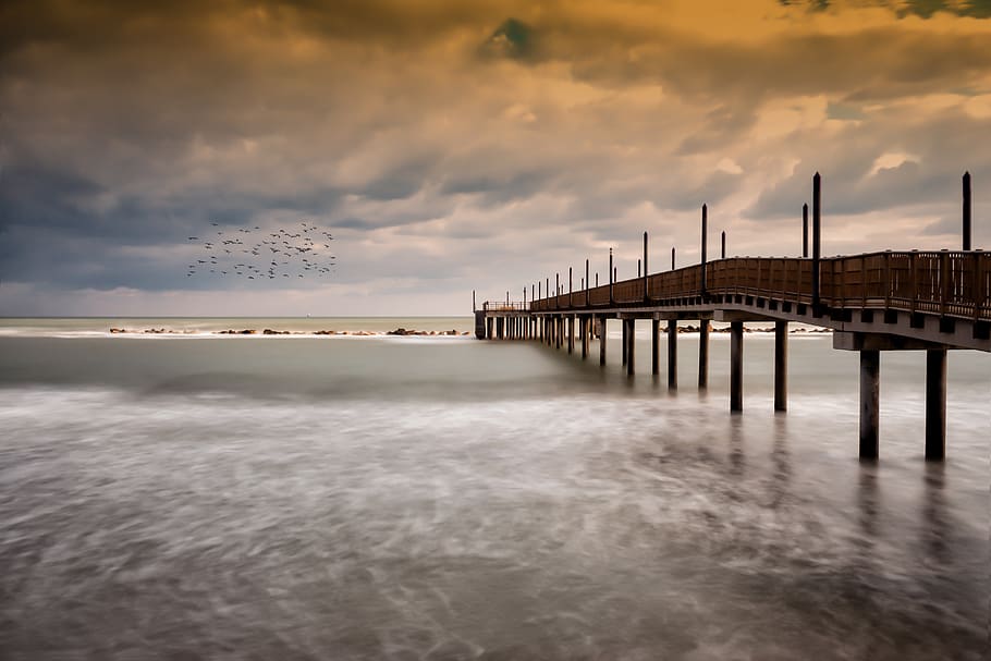 jetty, bridge, sea, clouds, piers, water, nature, landscape HD wallpaper