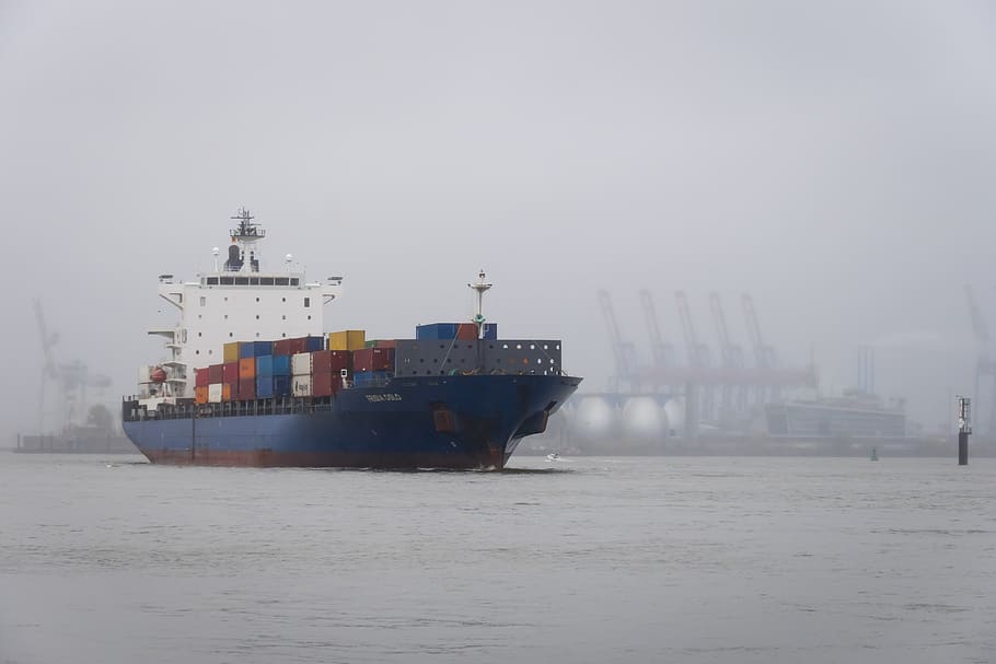 container ship, port, hazy, haze, elbe, maritime, shipping HD wallpaper