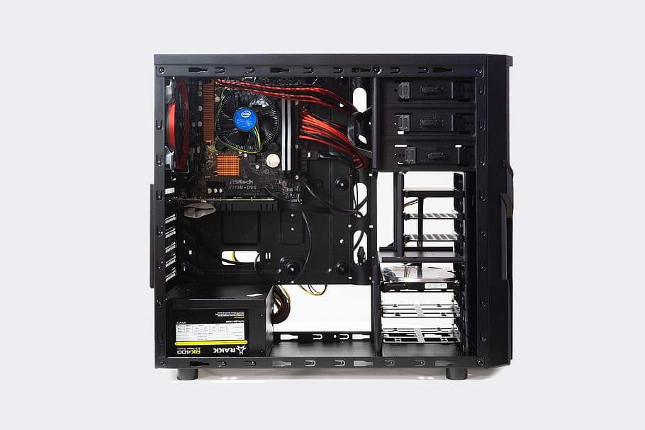 black computer tower, build, case, wire, black case, computer casing