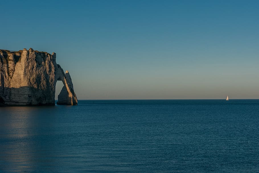 etretat, cliff, normandy, sea, needle, creuse, sky, blue, landscape HD wallpaper