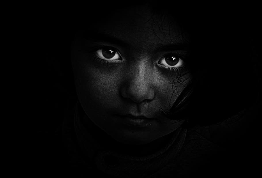 Grayscale Photography of Girl's Face, black-and-white, dark, eyes