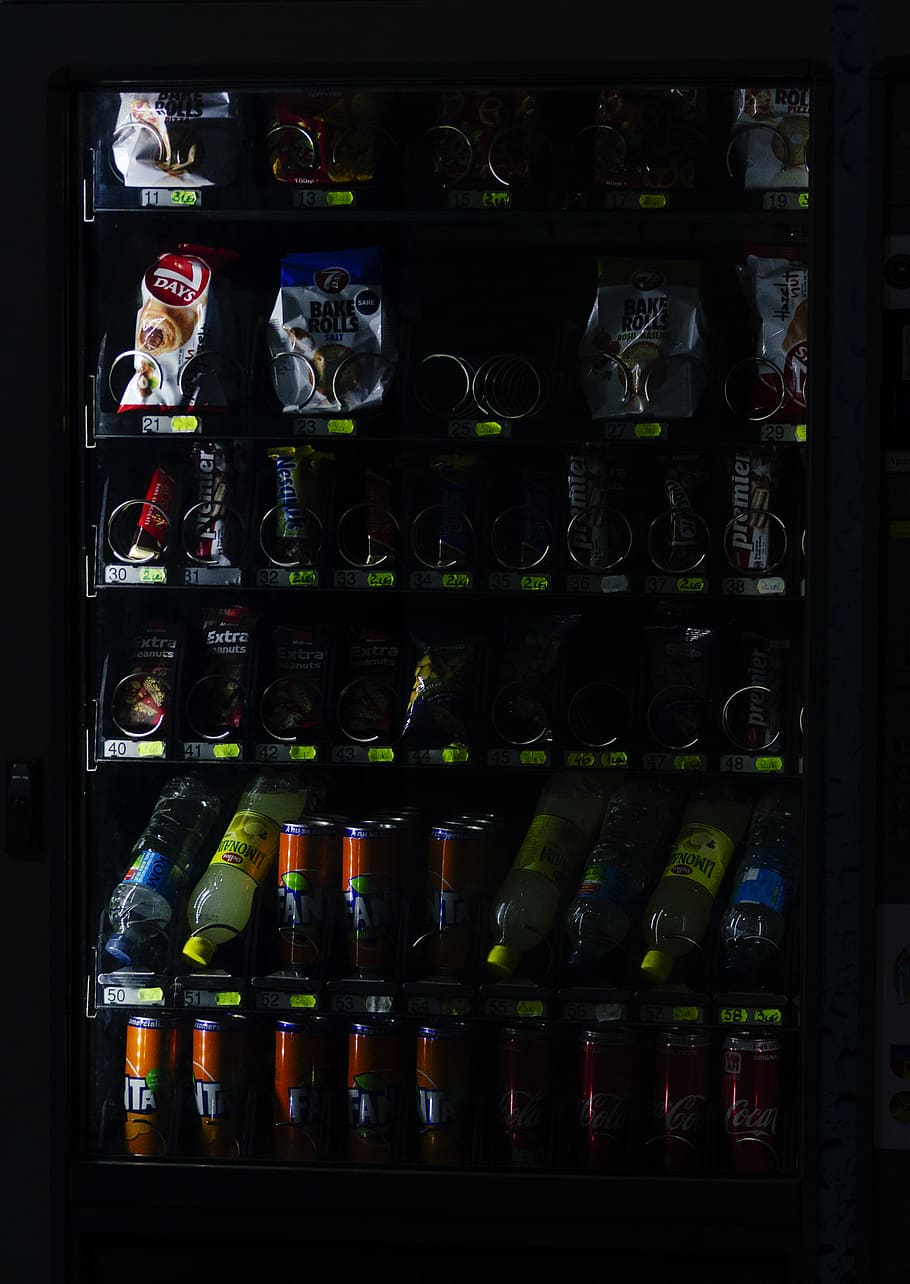 HD wallpaper: sodas and food pack in vending machine, shelf, food and drink  | Wallpaper Flare