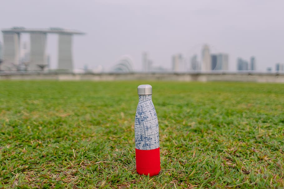 gray and red bottle, grass, built structure, plant, nature, focus on foreground HD wallpaper