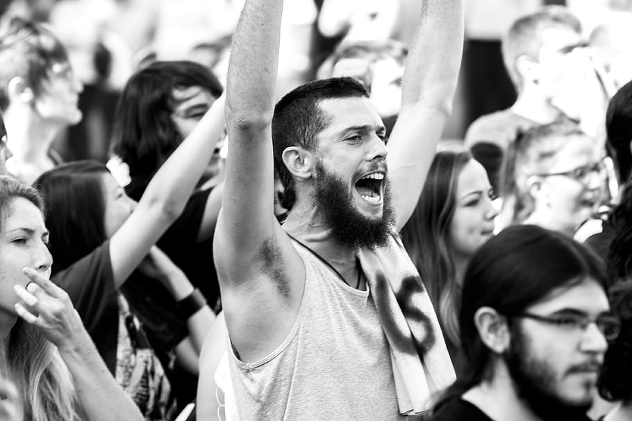man raising hands, group of people, crowd, real people, women HD wallpaper