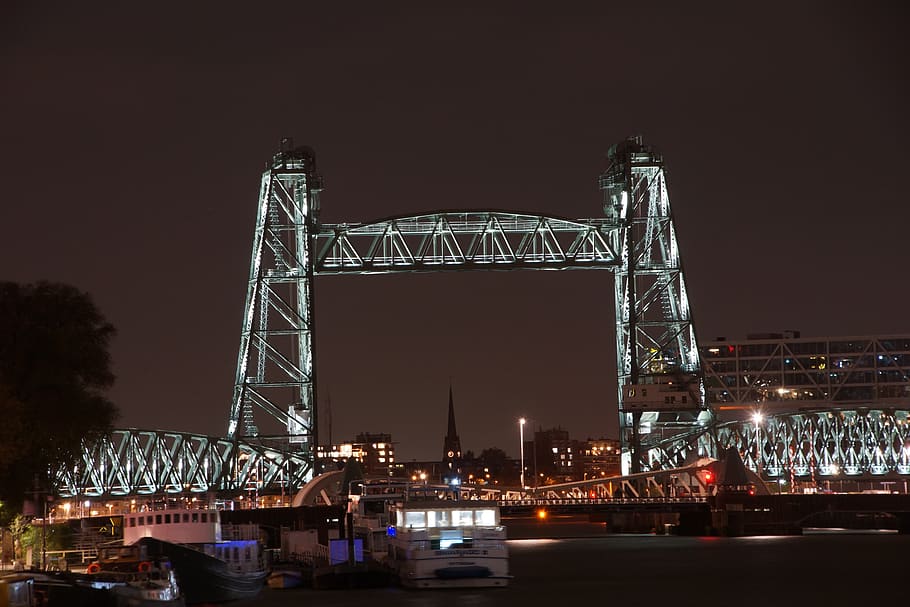 rotterdam, city, evening, bridge, cityscape, river, tourism, HD wallpaper