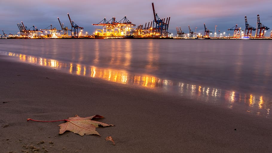 elbe, hamburg, evening, lights, dark, water, maritime, shipping HD wallpaper
