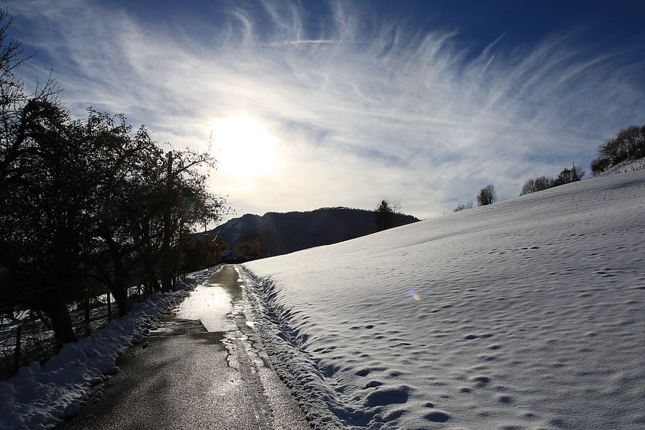 road, snow, winter, cold, landscape, trees, nature, sky, weather HD wallpaper