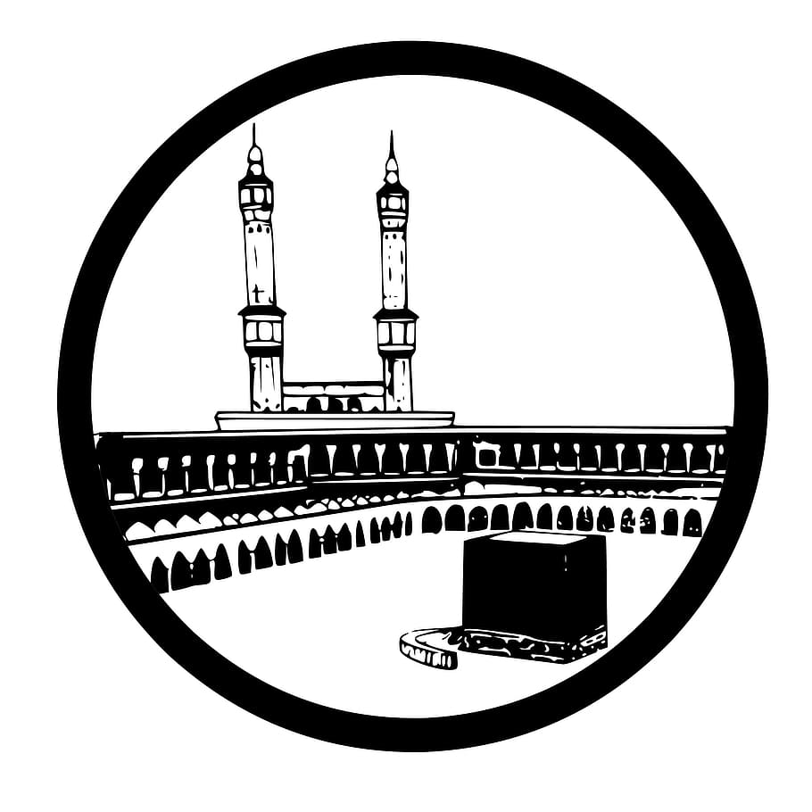 Illustration of mecca in circular frame, mosque, muslim, kaaba