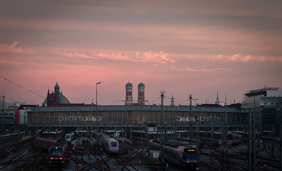 munich, frauenkirche, central station, sunset, train, railway station, HD wallpaper