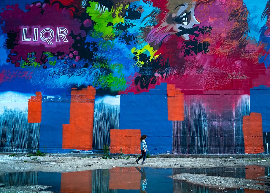 person, human, art, puddle, painting, urban, water, building HD wallpaper