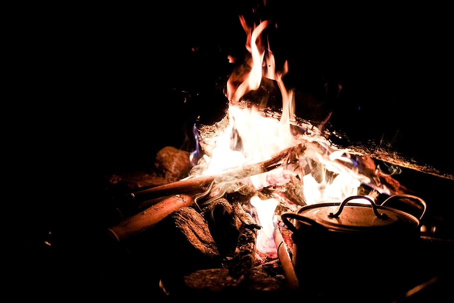 Cooking Pot Near Bonfire, blaze, burning, flame, heat, hot, heat - temperature HD wallpaper