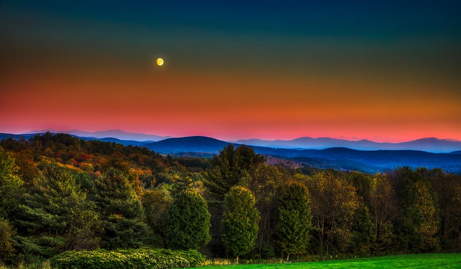 vermont, full moon, sunset, dusk, mountains, landscape, sky, HD wallpaper