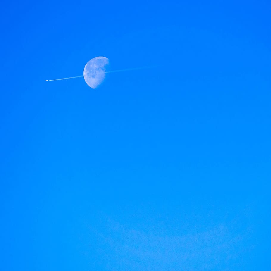 jet smoke over moon, nature, outdoors, sky, azure sky, airplane