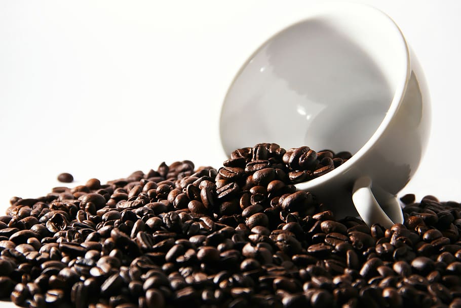 coffee, coffee beans, cup, white, lying, caffeine, food, cafe