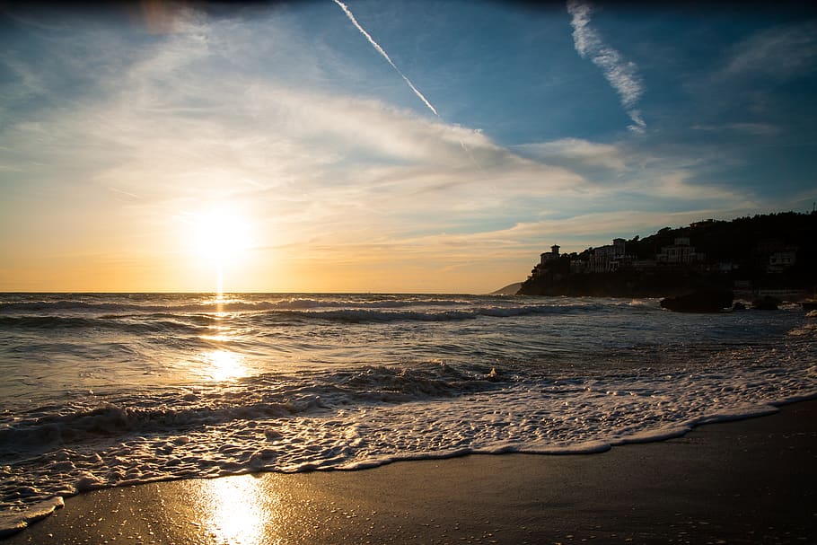 sea, sunset, beach, sand, water, sky, ocean, dusk, land, beauty in nature HD wallpaper