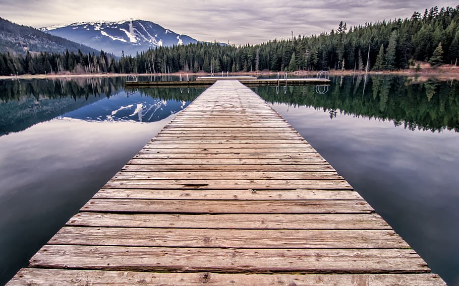 Wooden Dock at the Lake during Day, boardwalk, calm waters, clouds HD wallpaper