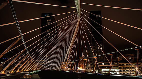 bilbao, spain, bridge, building, river, architecture, transportation HD wallpaper