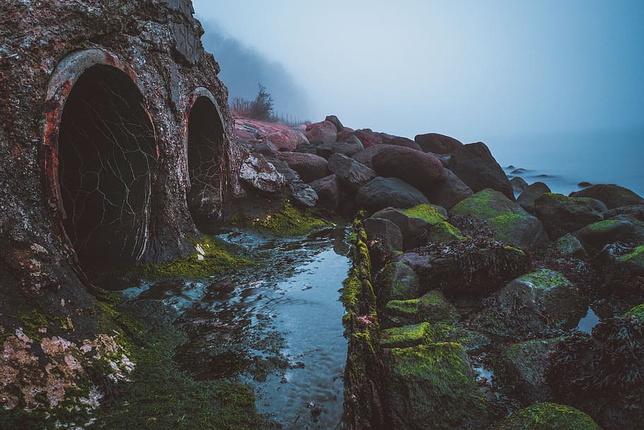 water, sky, longexposure, drain, tupe, pipe, pollution, sea HD wallpaper