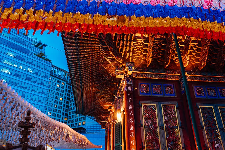 blue and yellow building, architecture, temple, worship, shrine HD wallpaper