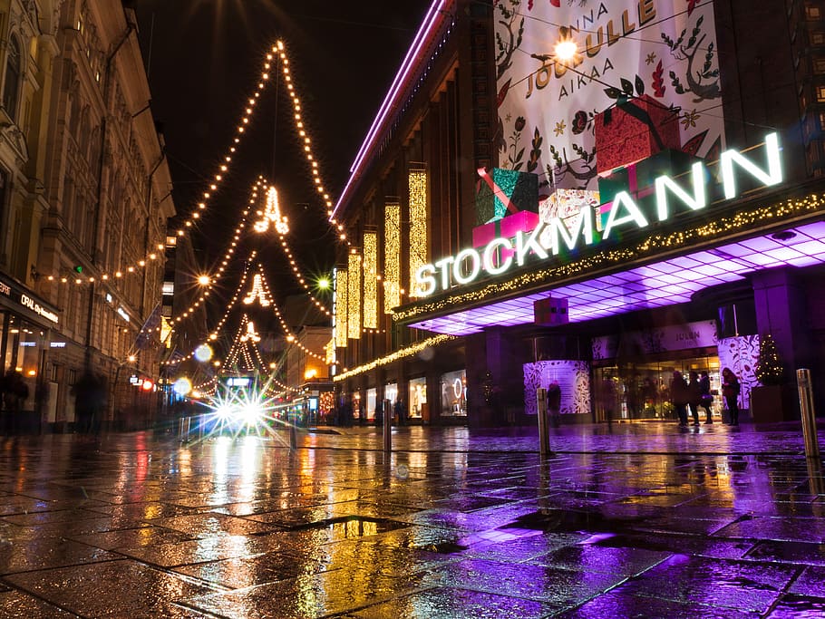 finland, helsinki, stockmann department store, wet streets, HD wallpaper